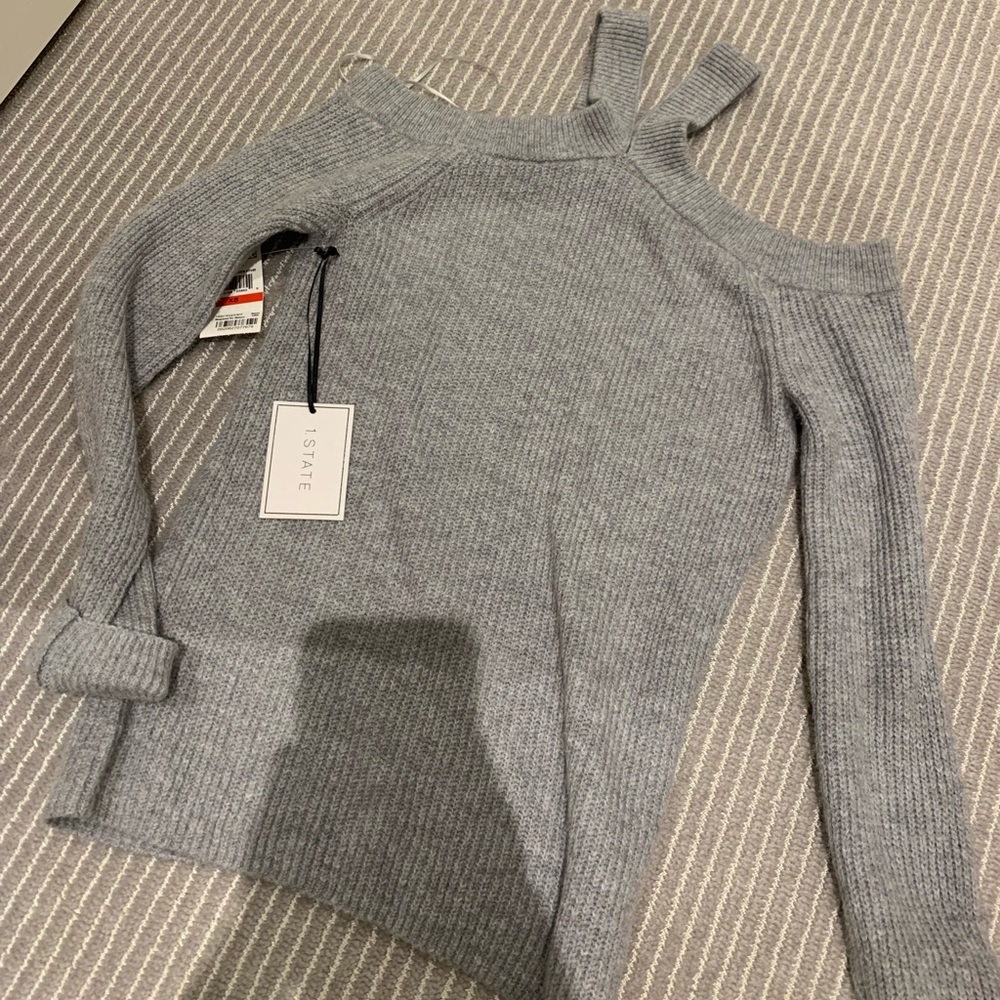 gray halter off the shoulder sweater